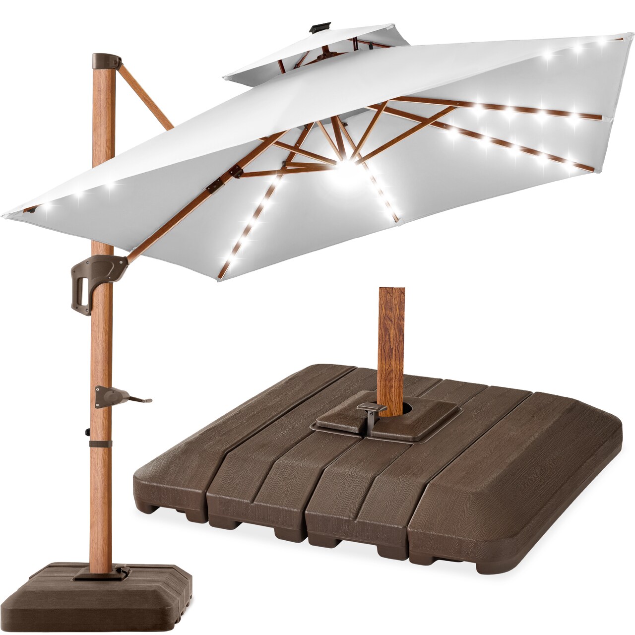 Best Choice Products 10ft Square Woodgrain Pattern 2-Tier Outdoor Solar LED Cantilever Umbrella w/ Base